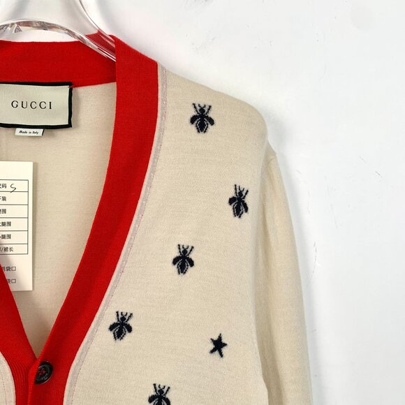 Gucci Beige Wool Cardigan With Red Trim & Insect Embroidery - Picture 3 of 7